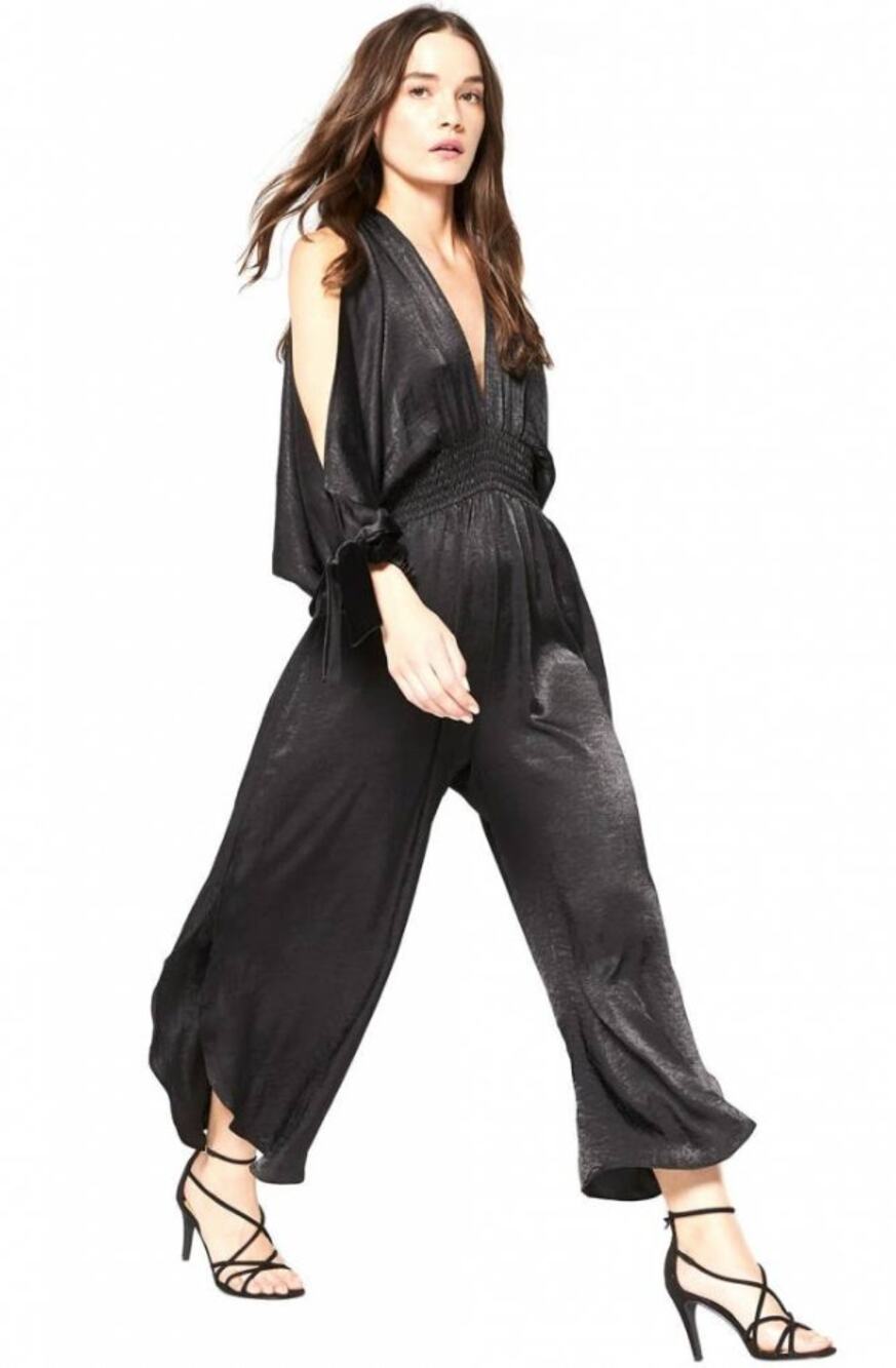 Misa LA Black Byanca Satin Kimono Bow Cold Shoulder Wide Leg Jumpsuit Size XS
